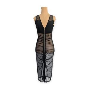 Ruched Zip Up Dress SZ M V-neck sheer mesh Midi Made in USA
